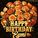 Animated bouquet of orange roses with moving butterfles and golden 'Happy Birthday Eymi' text, surrounded by sparkling accents and a dark backdrop for a luxurious feel.