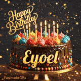 Golden star sprinkles and bokeh lights surrounding a rich chocolate cake personalized with Eyoel's name.