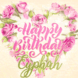 A stunning heart made of pink roses surrounds the elegant script text 'Happy Birthday Eyphah' on a soft beige background. Animated sparkles add a magical and festive feel.