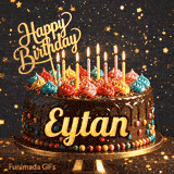 Cute chocolate cake GIF with the name Eytan, decorated with glowing birthday candles and multicolored icing.