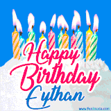 A cheerful animated GIF featuring colorful lit birthday candles on a white cake, with the text 'Happy Birthday Eythan' in bold red and blue script on a bright blue background.