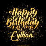 Animated GIF with colorful, festive 'Happy Birthday Eythan' text decorated with patterns, a party hat, and falling confetti. A vibrant and cheerful design for birthday celebrations.