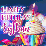 A festive animated GIF featuring a colorful cupcake with a single lit candle, sprinkles, and 'Happy Birthday Eythan' text against a sparkling, celebratory background.