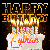 A vibrant animated GIF featuring a delicious birthday cake topped with glowing candles and the name 'Eythan' in elegant script, and the words 'Happy Birthday' on the black background.