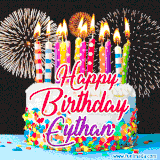 A lively happy birthday animated GIF showcasing a colorful birthday cake covered in sprinkles, topped with glowing candles, and surrounded by vibrant fireworks. The name 'Eythan' is featured in elegant script.
