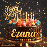 Personalised birthday animation with the name Ezana written on a chocolate drip cake with flickering candles.