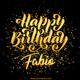Animated GIF with colorful, festive 'Happy Birthday Fabio' text decorated with patterns, a party hat, and falling confetti. A vibrant and cheerful design for birthday celebrations.