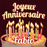 A Happy Birthday GIF in French featuring a festive birthday cake adorned with bright candles and the glowing text 'Joyeux Anniversaire Fabio' in a cheerful style.