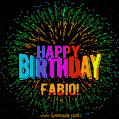 A colorful animated GIF featuring the text 'Happy Birthday Fabio!' in rainbow colors with a dynamic iridescent firework display in the background.