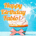 A cheerful animated GIF of a cupcake with creamy frosting, a red checkered ribbon, and a bright sparkler on top. The text 'Happy Birthday Fabio!' is displayed in vibrant orange and red.