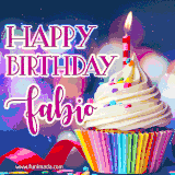 A festive animated GIF featuring a colorful cupcake with a single lit candle, sprinkles, and 'Happy Birthday Fabio' text against a sparkling, celebratory background.