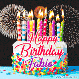 A lively happy birthday animated GIF showcasing a colorful birthday cake covered in sprinkles, topped with glowing candles, and surrounded by vibrant fireworks. The name 'Fabio' is featured in elegant script.