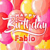 A vibrant birthday GIF featuring colorful balloons in shades of pink, yellow, and orange, with bold white and red text saying 'Happy Birthday Fabio.'
