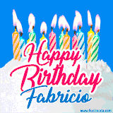 A cheerful animated GIF featuring colorful lit birthday candles on a white cake, with the text 'Happy Birthday Fabricio' in bold red and blue script on a bright blue background.
