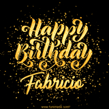 Animated GIF with colorful, festive 'Happy Birthday Fabricio' text decorated with patterns, a party hat, and falling confetti. A vibrant and cheerful design for birthday celebrations.