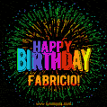 A colorful animated GIF featuring the text 'Happy Birthday Fabricio!' in rainbow colors with a dynamic iridescent firework display in the background.