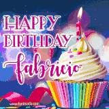 A festive animated GIF featuring a colorful cupcake with a single lit candle, sprinkles, and 'Happy Birthday Fabricio' text against a sparkling, celebratory background.