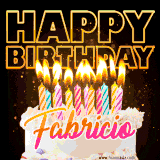 A vibrant animated GIF featuring a delicious birthday cake topped with glowing candles and the name 'Fabricio' in elegant script, and the words 'Happy Birthday' on the black background.
