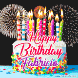 A lively happy birthday animated GIF showcasing a colorful birthday cake covered in sprinkles, topped with glowing candles, and surrounded by vibrant fireworks. The name 'Fabricio' is featured in elegant script.