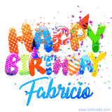Animated GIF with colorful, festive 'Happy Birthday Fabricio' text decorated with patterns, a party hat, and falling confetti. A vibrant and cheerful design for birthday celebrations.