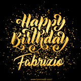 Animated GIF with colorful, festive 'Happy Birthday Fabrizio' text decorated with patterns, a party hat, and falling confetti. A vibrant and cheerful design for birthday celebrations.