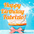 A cheerful animated GIF of a cupcake with creamy frosting, a red checkered ribbon, and a bright sparkler on top. The text 'Happy Birthday Fabrizio!' is displayed in vibrant orange and red.