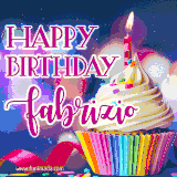 A festive animated GIF featuring a colorful cupcake with a single lit candle, sprinkles, and 'Happy Birthday Fabrizio' text against a sparkling, celebratory background.