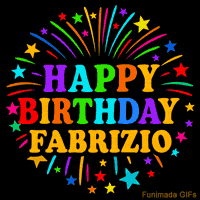 Vibrant animated GIF with 'Happy Birthday Fabrizio' in rainbow-colored text, surrounded by colorful stars and fireworks on a black background.