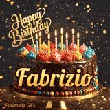 A personalized greeting card for Fabrizio featuring a chocolate cake with colorful toppings on a sparkly starry background.