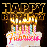 A vibrant animated GIF featuring a delicious birthday cake topped with glowing candles and the name 'Fabrizio' in elegant script, and the words 'Happy Birthday' on the black background.