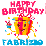 A funny animated birthday GIF with the words 'Happy Birthday Fabrizioa', colorful gift box with arms and legs, holding a cupcake with a lit candle  with confetti everywhere.