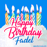 A cheerful animated GIF featuring colorful lit birthday candles on a white cake, with the text 'Happy Birthday Fadel' in bold red and blue script on a bright blue background.