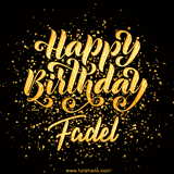 Animated GIF with colorful, festive 'Happy Birthday Fadel' text decorated with patterns, a party hat, and falling confetti. A vibrant and cheerful design for birthday celebrations.
