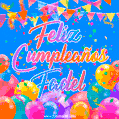 A vibrant animated GIF with 'Feliz Cumpleaños Fadel' written in colorful script, surrounded by balloons, confetti, and bunting on a bright blue background.