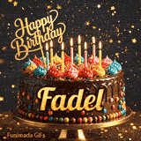 Shimmering gold star particles and bokeh lights surrounding a chocolate birthday cake custom-made for Fadel.