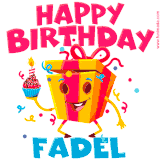 A funny animated birthday GIF with the words 'Happy Birthday Fadela', colorful gift box with arms and legs, holding a cupcake with a lit candle  with confetti everywhere.