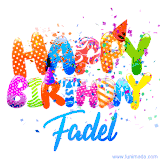 Animated GIF with colorful, festive 'Happy Birthday Fadel' text decorated with patterns, a party hat, and falling confetti. A vibrant and cheerful design for birthday celebrations.