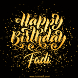 Animated GIF with colorful, festive 'Happy Birthday Fadi' text decorated with patterns, a party hat, and falling confetti. A vibrant and cheerful design for birthday celebrations.