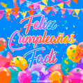 A vibrant animated GIF with 'Feliz Cumpleaños Fadi' written in colorful script, surrounded by balloons, confetti, and bunting on a bright blue background.