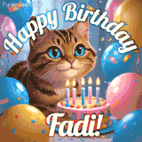 A playful tabby cat sits behind a colorful birthday cake surrounded by balloons and confetti, with 'Happy Birthday Fadi!' written above in festive letters.