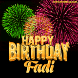 A captivating GIF with bursts of green, pink, and orange fireworks lighting up the night sky, accompanied by 'Happy Birthday Fadi' in glowing golden text.