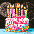 Amazing Animated GIF Image for Fadi with Birthday Cake and Fireworks