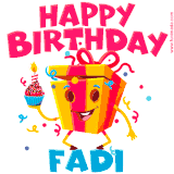 A funny animated birthday GIF with the words 'Happy Birthday Fadia', colorful gift box with arms and legs, holding a cupcake with a lit candle  with confetti everywhere.
