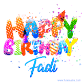 Animated GIF with colorful, festive 'Happy Birthday Fadi' text decorated with patterns, a party hat, and falling confetti. A vibrant and cheerful design for birthday celebrations.