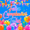 A vibrant animated GIF with 'Feliz Cumpleaños Fahd' written in colorful script, surrounded by balloons, confetti, and bunting on a bright blue background.