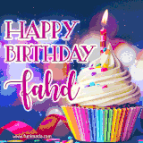 A festive animated GIF featuring a colorful cupcake with a single lit candle, sprinkles, and 'Happy Birthday Fahd' text against a sparkling, celebratory background.