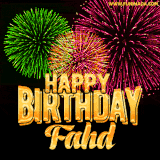 A captivating GIF with bursts of green, pink, and orange fireworks lighting up the night sky, accompanied by 'Happy Birthday Fahd' in glowing golden text.
