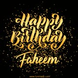 Animated GIF with colorful, festive 'Happy Birthday Faheem' text decorated with patterns, a party hat, and falling confetti. A vibrant and cheerful design for birthday celebrations.