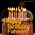 A rich chocolate cake topped with glowing birthday candles and surrounded by bright fireworks. The animated GIF displays the message 'Happy Birthday Faheem' in golden text.