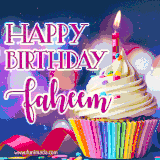 A festive animated GIF featuring a colorful cupcake with a single lit candle, sprinkles, and 'Happy Birthday Faheem' text against a sparkling, celebratory background.